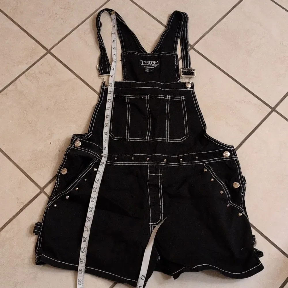 TRIPP NYC Darkstreet Studded Overalls Shorts Black Goth Punk Size L